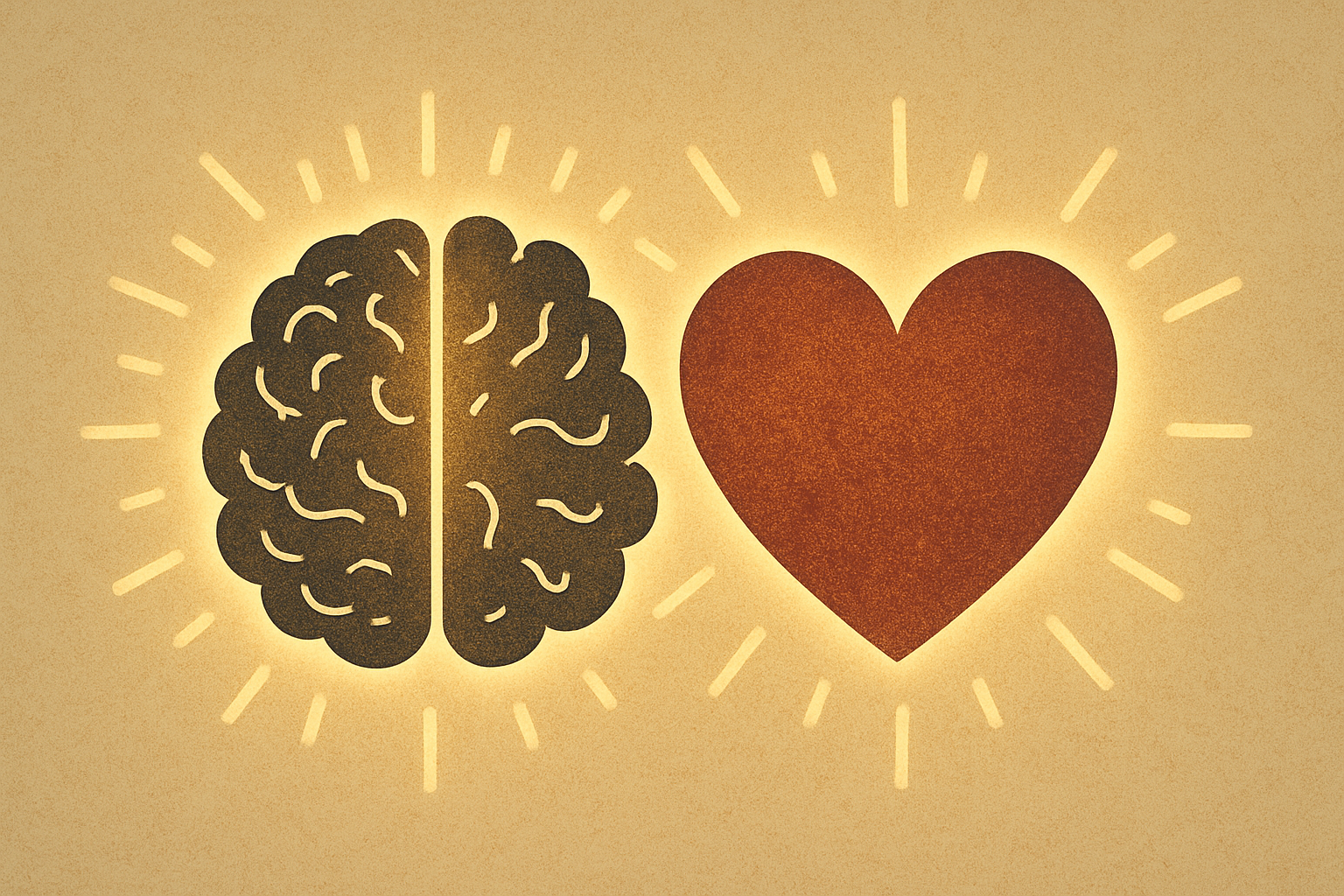 Un cervello e un cuore che brillano in armonia, simbolo di intelligenza razionale ed emotiva